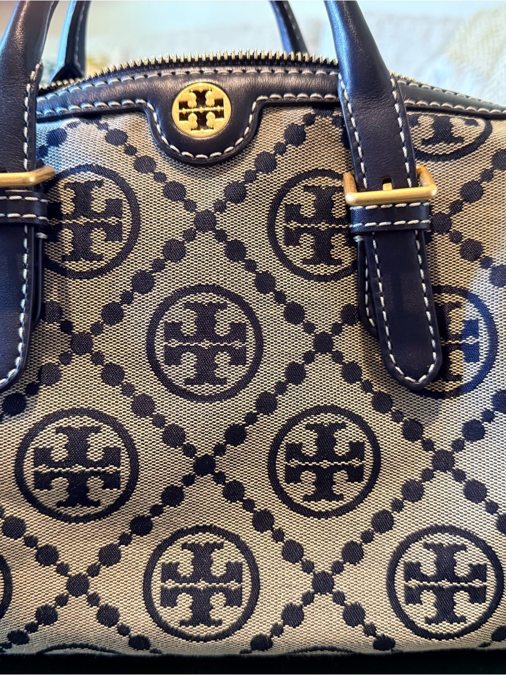 Authentic Tory Burch T Logo Navy and Cream Canvas Satchel with strap. Medium - Picture 12 of 14